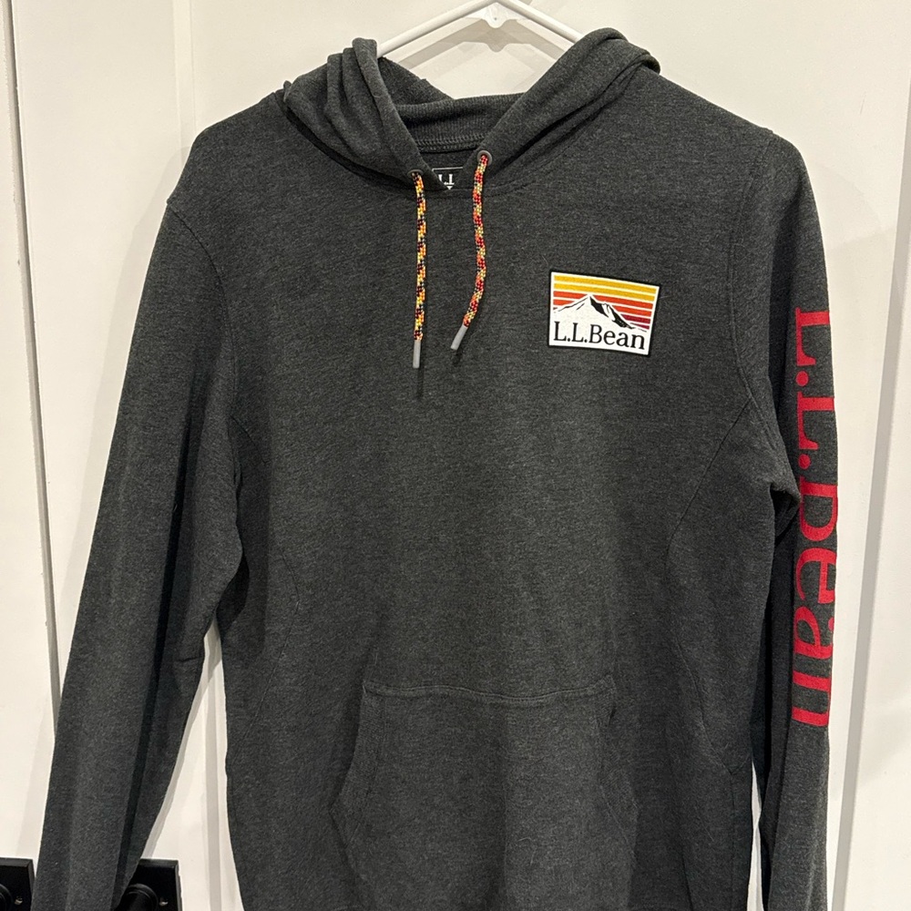 L.L. Bean Grey Hoodie with Yellow-Red Logo and Red Sleeve Text medium
